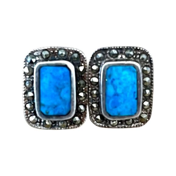 Sterling Silver Blue Turquoise Marcasite Post Earrings, Vintage Turquoise Studs - Picture 1 of 8